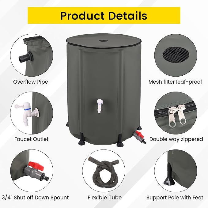 Doppy 53 Gallon Collapsible Rain Barrel, Portable PVC Rainwater Collection Barrel with Spigot & Overflow Kit, Rainwater Collection System for Gutter Rainwater