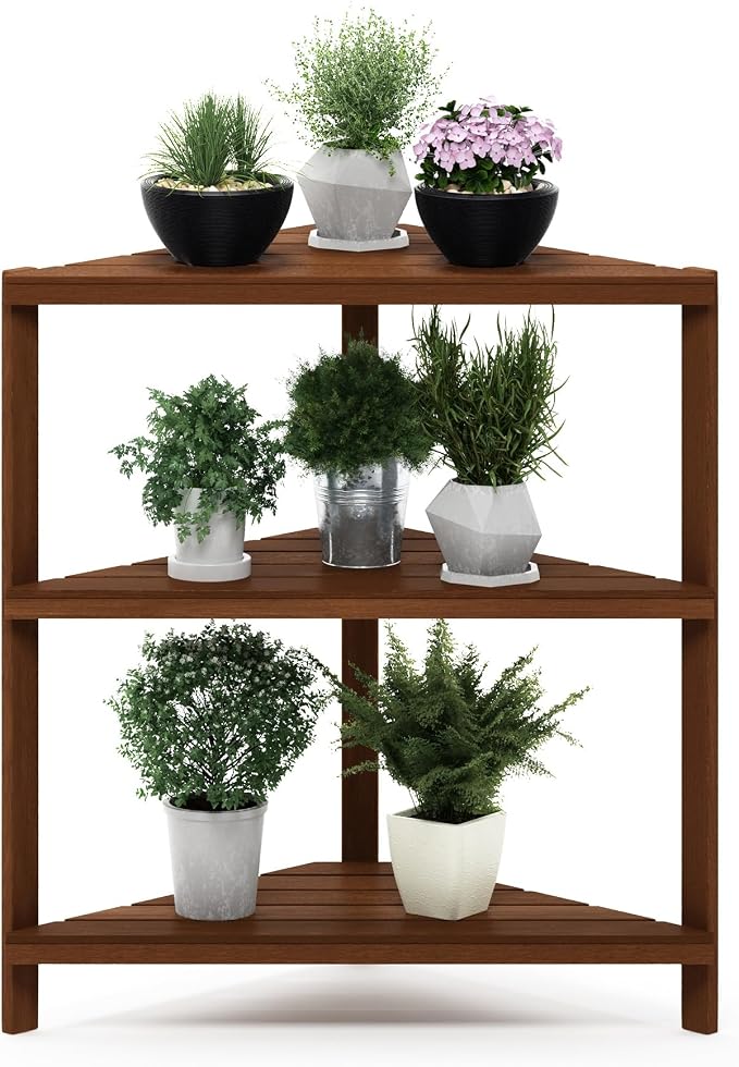 Furinno TIOMAN Plant Stand Outdoor, 3-Tier Corner Plant Shelf, Tiered Plant Stand Indoor, Outdoor, Patio, Garden, Balcony, Light Wood