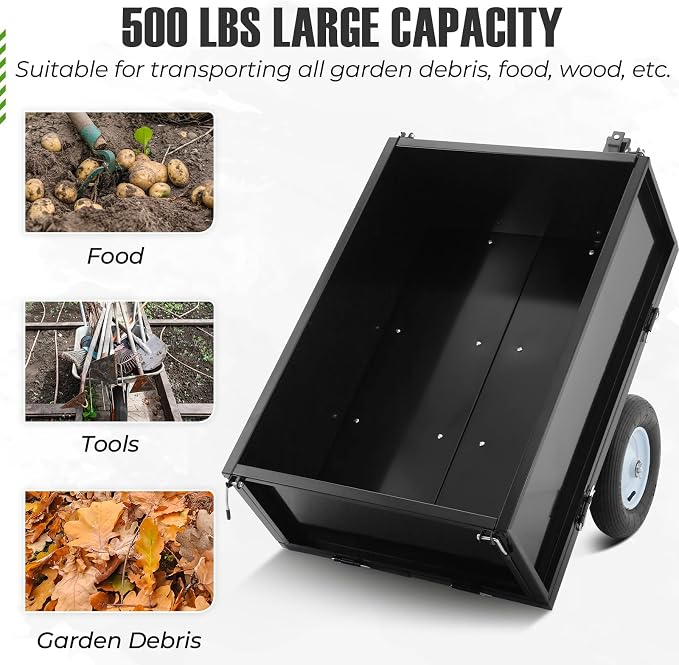 GarveeTech Heavy Duty Steel Dump Trailer, 500 LBS/11.4 Cu.Ft Capacity Garden Dump Cart for Lawn Mower, Utility Trailer with Removeable Rear Panel, Designed for Tractor, ATV, UTV, Black