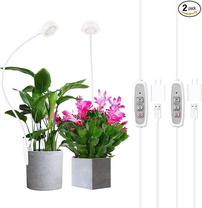 Indoor Small Plant Growth Lights, Pot Clip Grow Lights, LED Full Spectrum, Grow Lamps with 4 Brightness Levels, Auto Timer 6/12/ 16 Hrs for Succulents, White 2 Pack