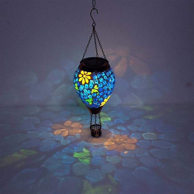Hummingbird Solar Hot Air Balloon Lantern with Flame, Blue Hanging Mosaic Solar Lantern Outdoor Waterproof, Outdoor Solar Lights for Yard Gardening Gift for Mom Grandma Women