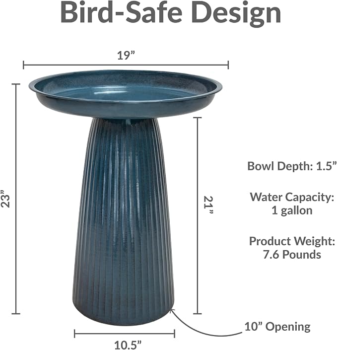 Sunnydaze Gleeful Garden 23" Iron Pedestal Bird Bath for Outside - Modern Shallow Basin Birdbath for Outdoors with UV-Protected Rust-Resistant Finish for Patio, Garden, Yard Decor - Blue Glaze