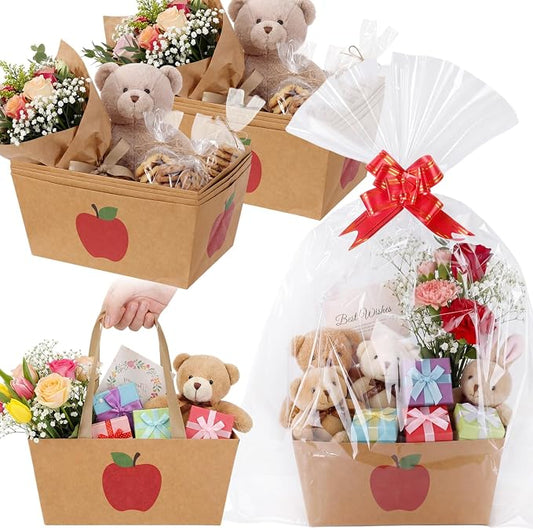 Qinyoung 12 Pcs Apple Kraft Baskets for Gifts Empty Teacher Appreciation Gift Basket with Handles, Pull Bows, Cellophane Bags and Twist Ties for CNA Teachers Week & Back to School Events, 9.8x6.5''