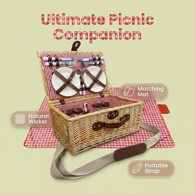 Multifunctional Wicker Picnic Basket Set for 4 Blanket Family Folding Wine Table,Insulated Portable Extra Big Storage Capacity Woven Rattan Canasta De Full Tablewares Camping Outdoor Flowers Pink