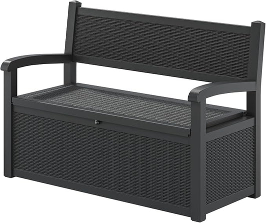 80 Gallon Outdoor Storage Bench, Resin Patio Storage Bench with Armrest, Lockable Deck Boxes Outdoor Waterproof and UV Resistant for Cushions, Garden Tools and Pool Supplies, Dark Black