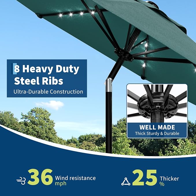 Patio Umbrella with Solar Lights, Outdoor Table Umbrella with 8 Durable Ribs, Tilt & Crank Mechanism, Water & UV Protection Sun Shade Umbrella for Garden, Poolside, Backyard (Turquoise, 10 FT)