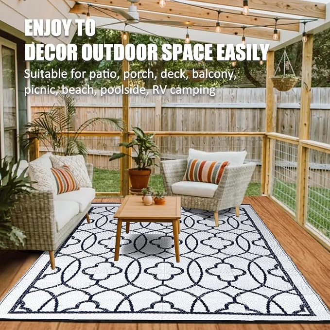 Pendolr Outdoor Rugs 9x12 for Patios Clearance - Waterproof Reversible Indoor Outdoor Rugs Carpet, Portable Plastic Straw Rug for RV Camping, Picnic, Beach, Porch, Deck(01#,Navy&White)