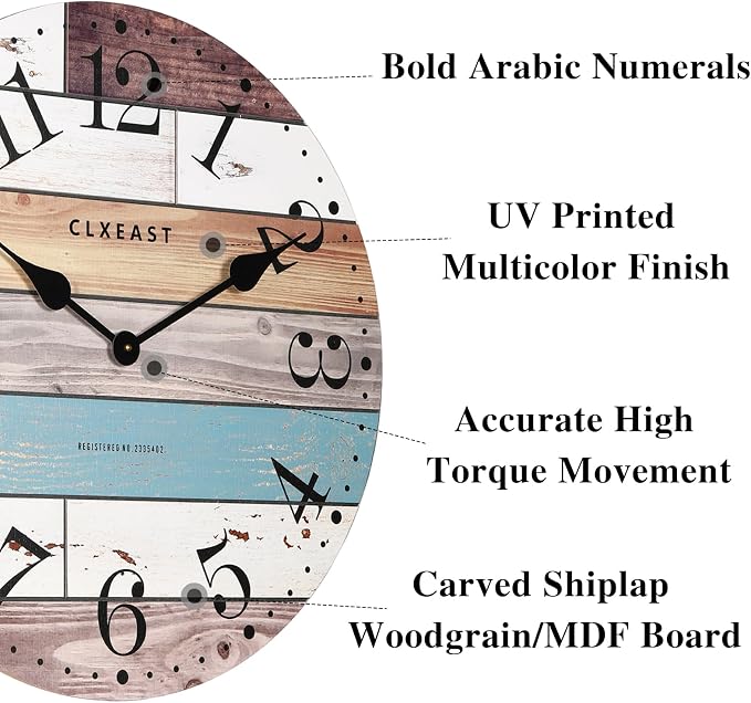 CLXEAST 24 Inch Multicolor Woodgrain Shiplap Wall Clocks for Living Room Decor, Large Farmhouse Wall Clock,Coastal Beach Nautical Style