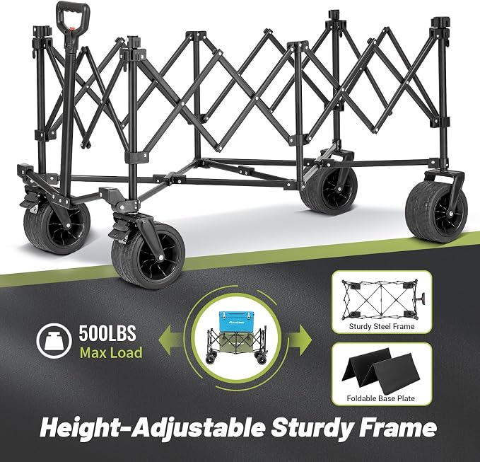 EchoSmile Collapsible Foldable Extended Wagon with 500Lbs Weight Capacity, 300L Folding Utility Wagon Cart with Big All-Terrain Wheels for Beach,Sport,Garden&Grocery (Green)