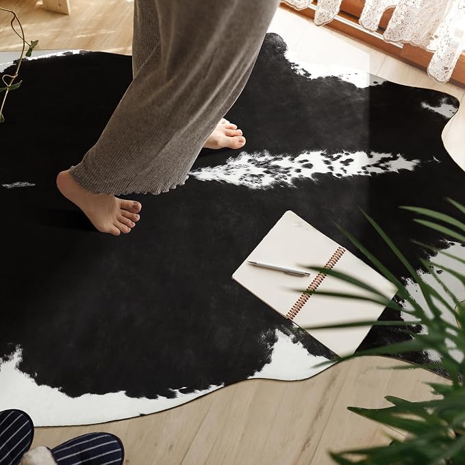 BENRON Small Faux Cowhide Rug, Cow Print Rug for Kitchen Hallyway 2.3x3.6ft | Western cow hide rug for Home Decor, Washable Rugs with Irregular Animal Skins and Hides, Non Slip, Black