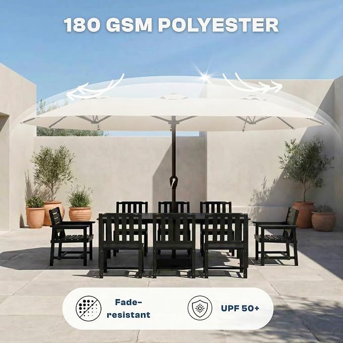 15FT Large Patio Umbrella with Base Included, Double Sided Outdoor Market Umbrella with Flexible Fiberglass Ribs, UV-Blocking Extra Large Umbrella for Garden, Pool, Deck, Creamy White