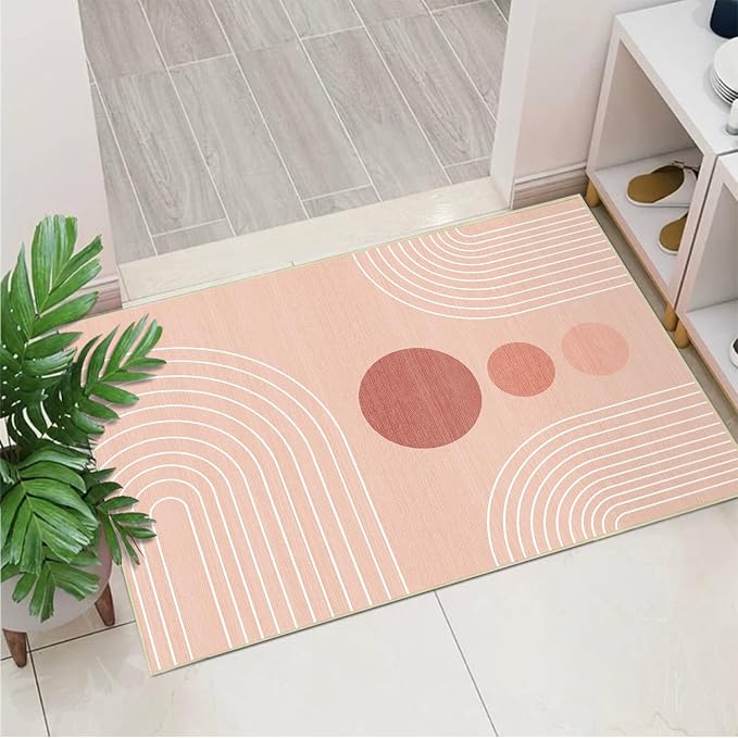 Boho 2x3 Rug for Entryway Modern Geometric Abstract Area Rug Pink Mid Century Modern Machine Washable Door Mat Contemporary Non-Slip Printed Low-Pile Floor Carpet Kitchen Bathroom Laundry Pink