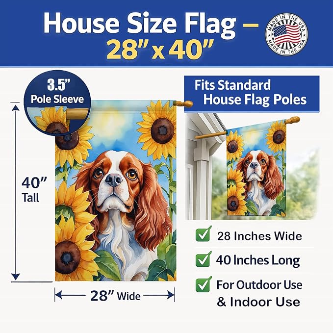 Caroline's Treasures DAC6047CHF Cavalier Spaniel in Sunflowers House Flag Large Porch Sleeve Pole Decorative Outside Yard Banner Artwork Wall Hanging, Polyester, House Size, Multicolor