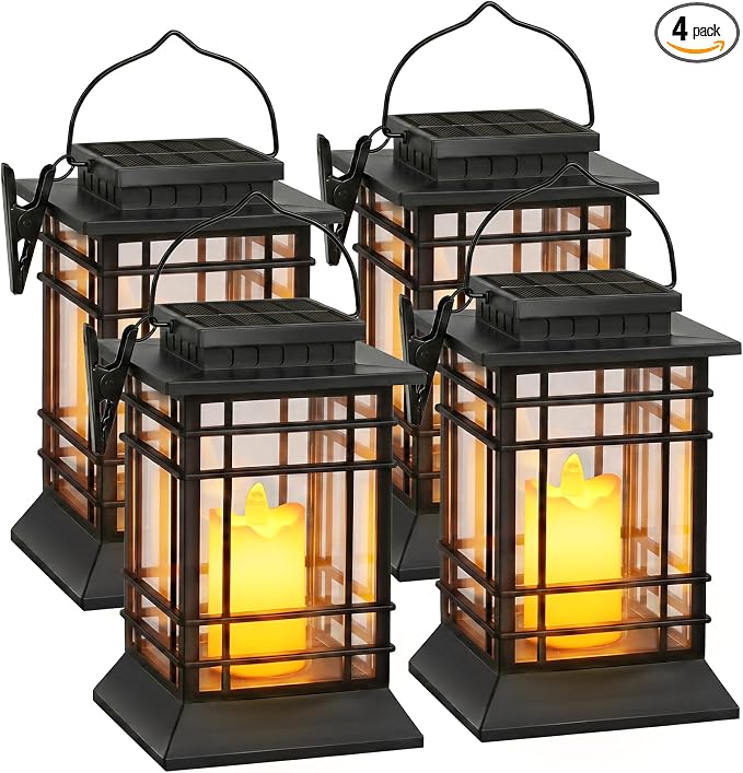 Brightever 4-Pack Solar Lanterns Outdoor Lights, Hanging Solar Lights for Outside, IP65 Waterproof LED Flickering Flameless Candle Mission Lights for Garden Yard Front Porch Path Tree Table Decor