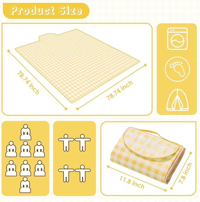 Portable Picnic Blanket, Waterproof Sandproof Foldable Outdoor Mat with Handle for Beach, Camping, Hiking, Travel, and Family Concerts (Yellow)