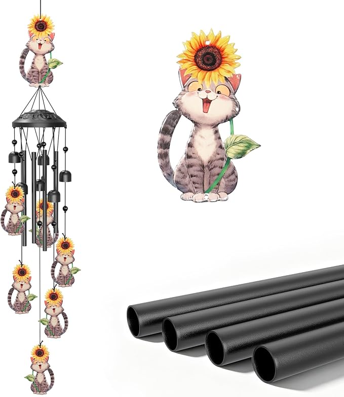 Metal Wind Chimes for Outside, Soothing Sound Rustproof Aluminum Tubes Wind Chime Décor, Windchimes Chime Decor for Yard Home Garden Lovers Women Mother’s Da (Cat)