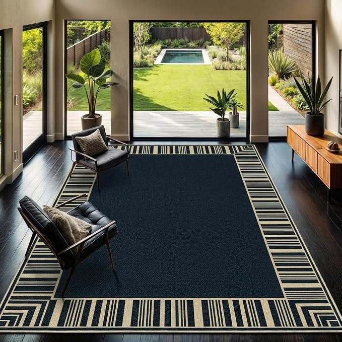 COZYLOOM Indoor Outdoor Rugs 8x10 Modern Easy Jute Washable Area Rug,Black | Non Slip Neutral Bordered Non Shedding Stain Resistant Foldable Rug for Living Room Dining Room Bedroom Patio Backyard