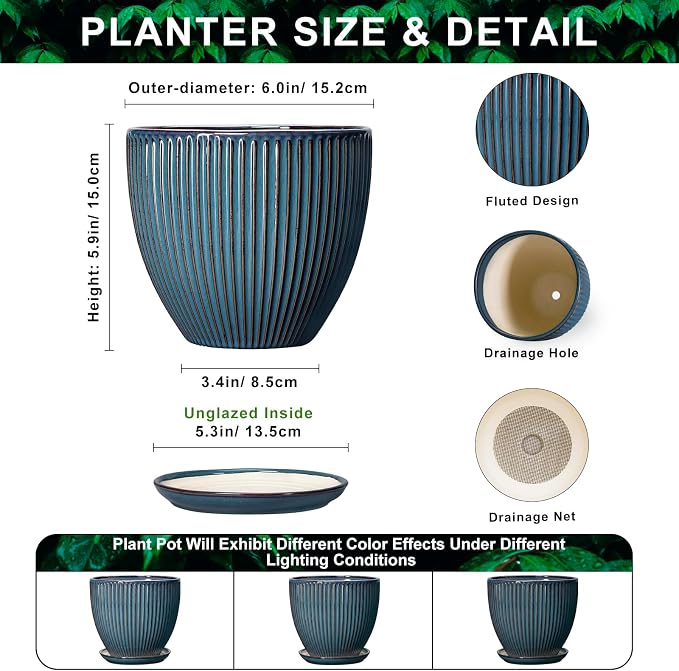 6 Inch Plant Pot, Ceramic Flower Pots for Indoor Plants, Round Planters with Drainage Hole and Saucer, Decorative Small Modern Flower Pots, Home Room Decor, House Warming Gifts, Retro Blue
