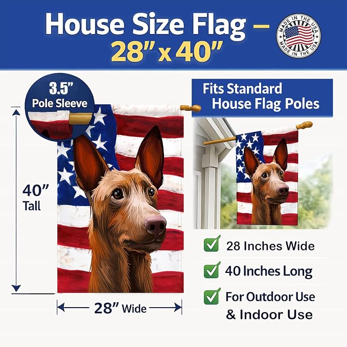 Caroline's Treasures CK6643CHF Pharaoh Hound Dog American Flag House Flag Large Porch Sleeve Pole Decorative Outside Yard Banner Artwork Wall Hanging, Polyester, House Size, Multicolor