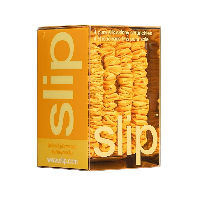 Slip Silk Hair Ties — Skinny Silk Golden Scrunchies, No Damage, No Crease, Anti-Breakage |100% Mulberry Silk | All Hair Types | Made with Proprietary Slipsilk™ | Set of 4