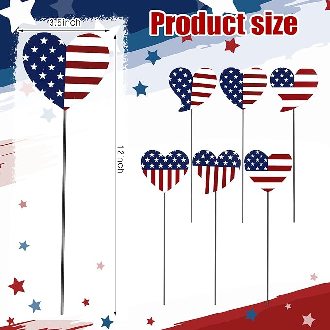 Pickmesh 6 Pcs 12" H Patriotic Yard Decor 4th of July Outdoor Decor Red White Blue Heart Metal Garden Stake 250th Anniversary USA Flag American Yard Sign for Independence Day Garden Decoration