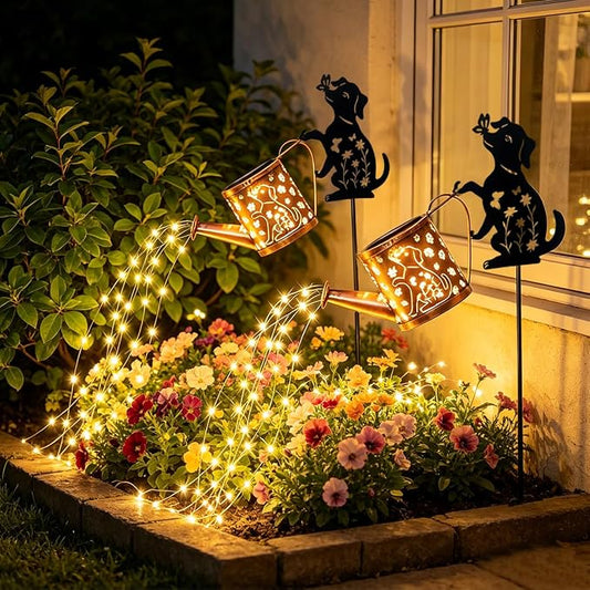 2 Pcs Dog Solar Watering Can with Light, Featuring Metal Dog Statue Silhouette Stake,Outdoor Yard Decor Gift for Women, for Outside Landscapes, Lawn, Garden Path Decoration