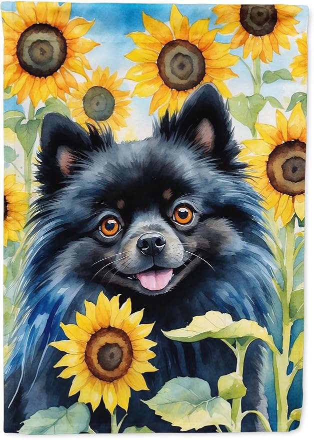 Caroline's Treasures DAC6135CHF Pomeranian in Sunflowers House Flag Large Porch Sleeve Pole Decorative Outside Yard Banner Artwork Wall Hanging, Polyester, House Size, Multicolor