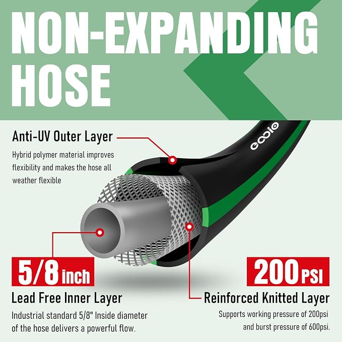 Heavy Duty Garden Hose 100ft, NON-EXPANDABLE Flexible Water Hose, Kink Resistant Lightweight Hybrid Hose, Leakproof Hose Male to Female Fittings