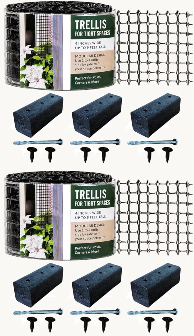 Deck Post Trellis for Clematis, 9 Ft x 4 in, 2 Pack, Scroll Trellis | Fits deck posts, porch columns and mailbox posts. Supports clematis and climbing vines in narrow spaces.