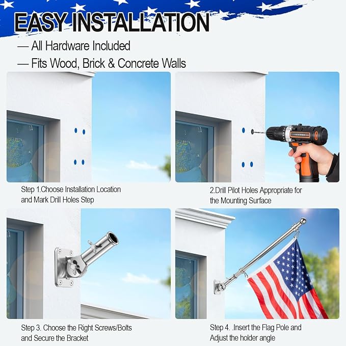 180° Adjustable Flag Pole Holder 316 Stainless Steel Marine Grade Heavy Duty Flag Pole Mount FlagPole Bracket for Outside House, Garden, Boat, Truck(Mounting Hardware Included)Fits 1" Flag Pole