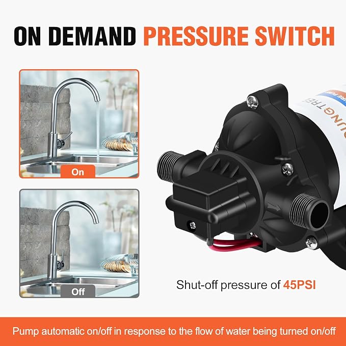 YOUNGTREE 12V DC RV Water Diaphragm Pump 3.5 GPM 45PSI, 12Volt Self-Priming Fresh Water Pressure Pump with Pressure Switch for RV Camper Boat Home Off-Grid