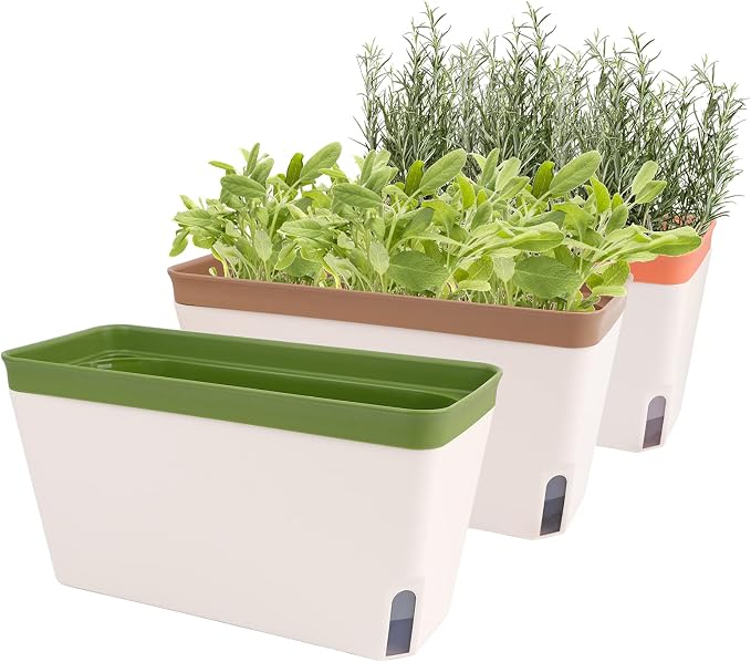 OurWarm Windowsill Herb Planter Box Indoor Set of 3, 10.5 Inch Self Watering Planter Pots with Visual Water Level Window, Modern Plastic Plant Pots for Herbs, Vegetables, Succulents Plants