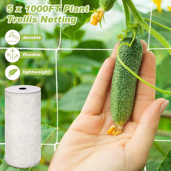 Berlune 5 x 1000 ft Trellis Netting Roll Heavy Duty Nylon Garden Trellis Netting with 6 Inch Mesh Soft Plant Support Net for Climbing Plants, Grape Racks, Growing Support Bean, Pea, Tomatoes