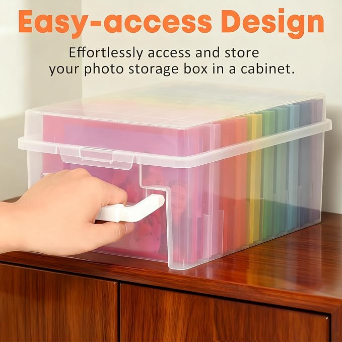 NINU Photo Storage Box 5 x 7 In Photo Case, 10 Inner Large Photo Keeper, Color Photo Storage Container, Seed Craft Cards Pictures Organizer, Plastic Office Organizer with 1 Label Sticker