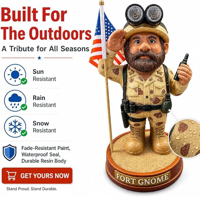 Military Garden Gnome - Patriotic Veteran Gift, 11 Inch | A saluting soldier with solar-lit goggles, for Memorial Day, Veterans Day and the 4th of July. Weatherproof resin.