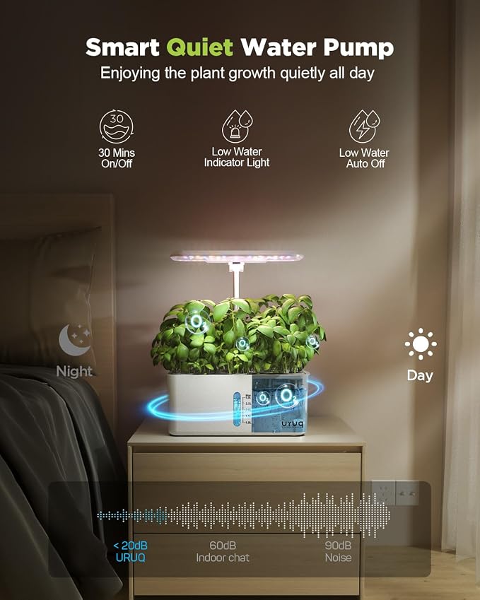 URUQ 8 Pods Hydroponics Growing System with LED Grow Light - White | Quiet Water Pump, Automatic Timer, Adjustable Height for Fresh Herbs, Vegetables, Indoor Gardening, Gifts for Plant Lovers