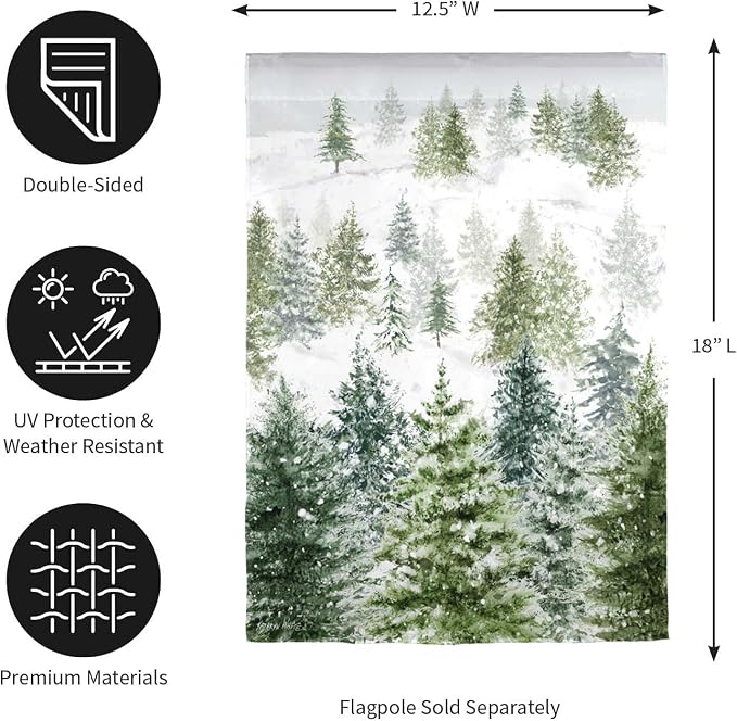 Evergreen Flag Snowy Forrest Lustre Garden Flag 12x18 Inches Double Sided | Christmas Garden Flag for Outside | Outdoor Small Flag For Yards and Gardens