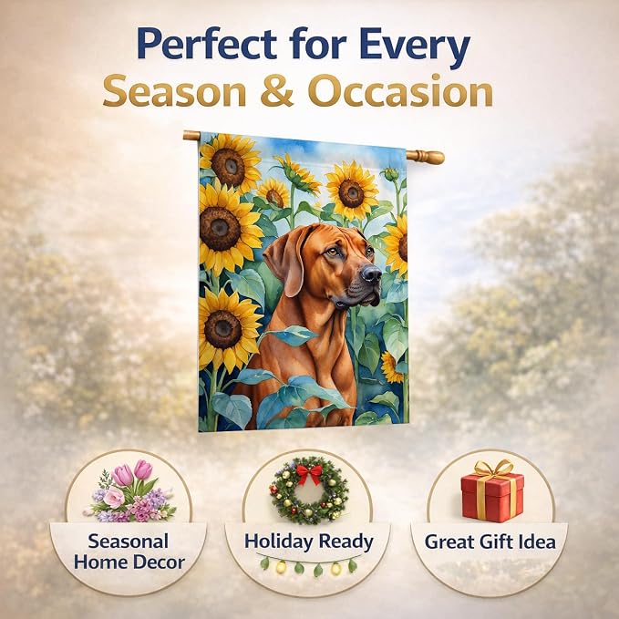 Caroline's Treasures DAC6149CHF Rhodesian Ridgeback in Sunflowers House Flag Large Porch Sleeve Pole Decorative Outside Yard Banner Artwork Wall Hanging, Polyester, House Size, Multicolor