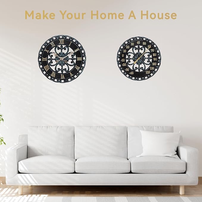 Lily's Home Hanging Verdigris Wall Clock and Dial Thermometer Set, Ideal for Indoor and Outdoor Use, Makes a Great Housewarming Gift, Black (13 Inches)