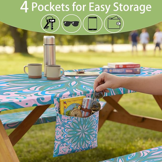 Fitted Waterproof Picnic Table Cover with Bench Covers Elastic Polyester 96in Camping Tablecloths for 8Foot Rectangle Tables Summer Fall Glamping Roadtrip Stuff Festival Vacation Items Gift