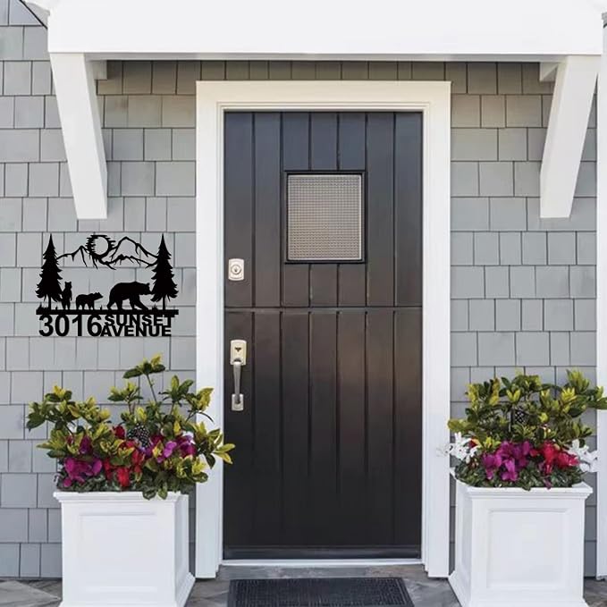 Metal Address Plaque,House Street Name and Numbers, Driveway Address Plaque with 3 Forest-Exploring Bears,Metal Address Sign for Front Door Porch Garden Patio Farm Gate