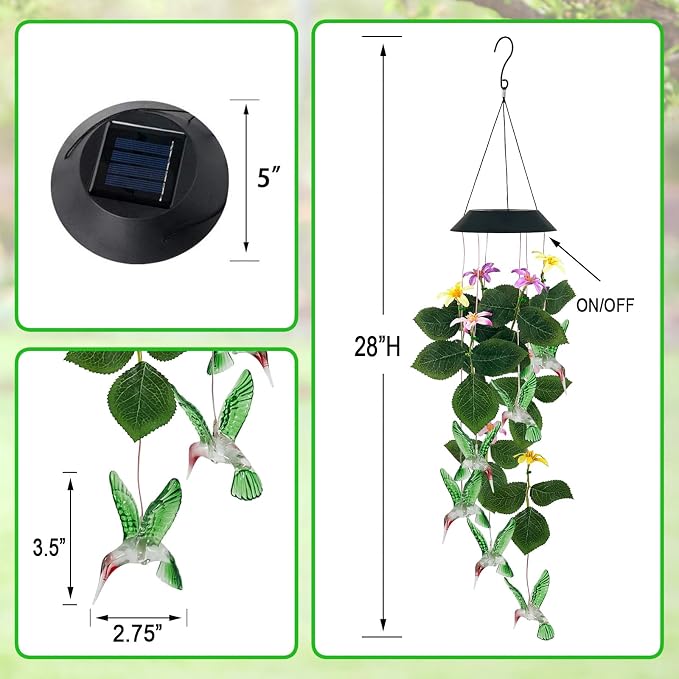Hummingbirds Solar Wind Chimes Outdoor,Color Changing LED Dangler Mobiles for Outside, Hanging Decoraition for Patio,Porch,Yard,Gifts for Women