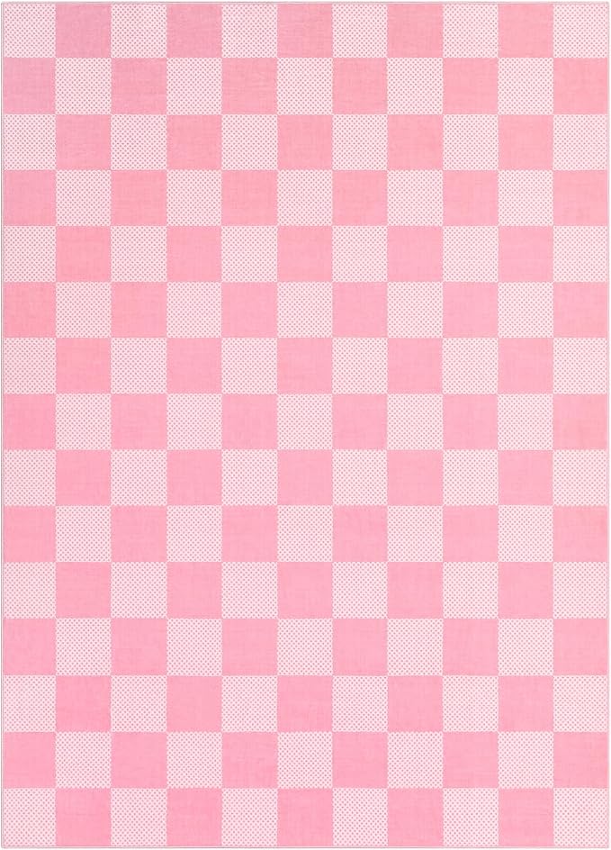GarveeHome Checkered Pink 3x5 Washable Girls Rug Low-Pile Nursery Bedroom | Pink and White Small Area Rug for Bathroom Entryway Non-Slip Soft Stain Resistant Geometric Rugs TPE Backing