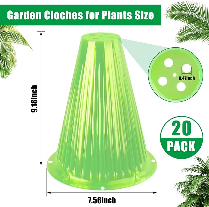 20 Pack Garden Cloches for Plants, Reusable Bell Plant Cover, Plant Covers Protectors from Animals Snails Birds Chickens Insect, 9.18" H X 7.56" D (Green)