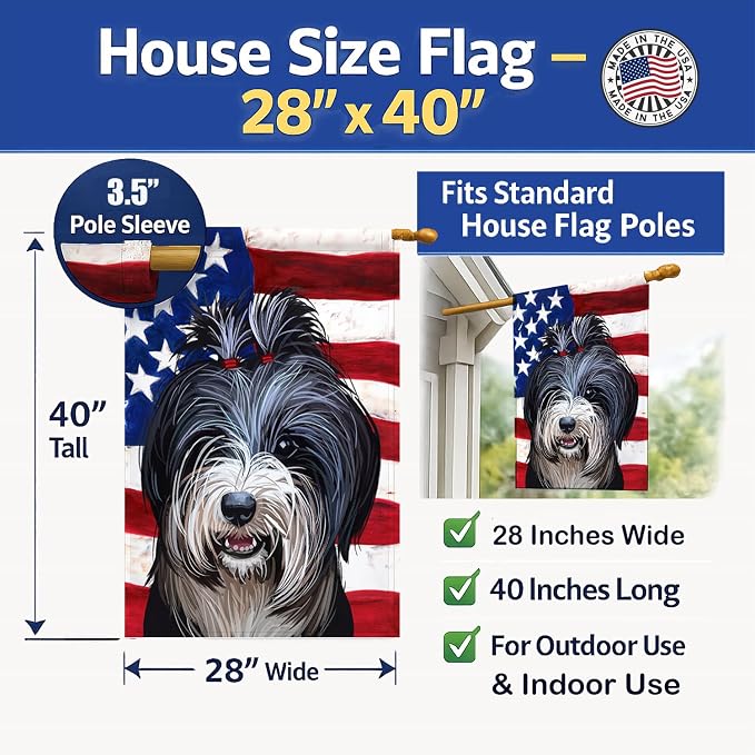 Caroline's Treasures CK6740CHF Tibetan Terrier American Flag House Flag Large Porch Sleeve Pole Decorative Outside Yard Banner Artwork Wall Hanging, Polyester, House Size, Multicolor