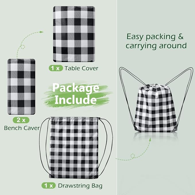 Picnic Table Cover with Bench Covers and Bag, Camping Essentials Camping Table Cover with Elastic Edges, Fitted Rectangle Tables and Seats, 72x30 Inches 3 Pcs Set (Black)