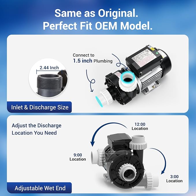 Hot Tub Circulation Pump, 0.35HP, 230V - Model: WTC50M-Long Snout | LX SPA Pump Motor, Low Noise, Easy Installation, 63GPM Compatible with OEM Model, Includes a 1.5-inch Unions.