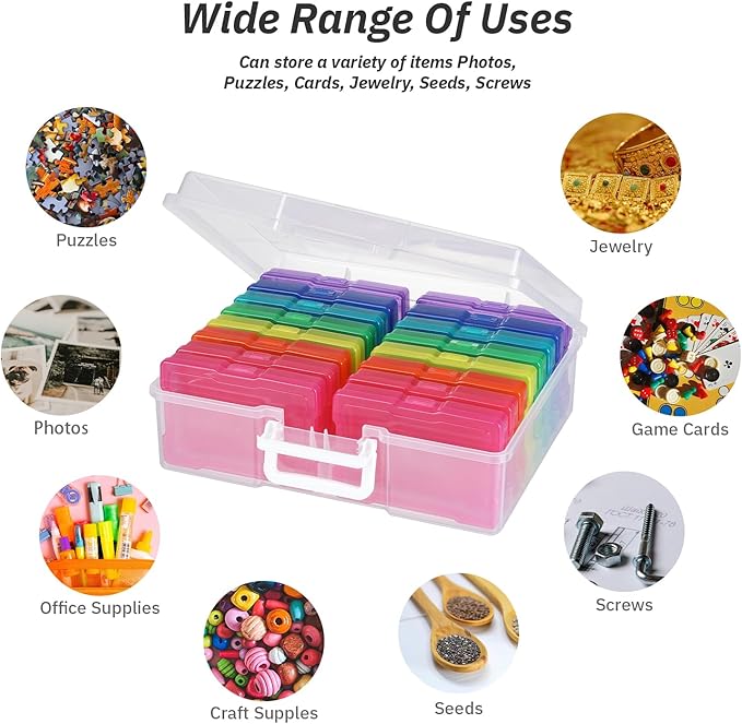 PCA Photo Storage Box 4" x 6" Cases With Handle - 16 Inner Keeper, Large Organizer, Plastic Craft Case for Stickers, Stamps, Jigsaw, Vegetable Seeds