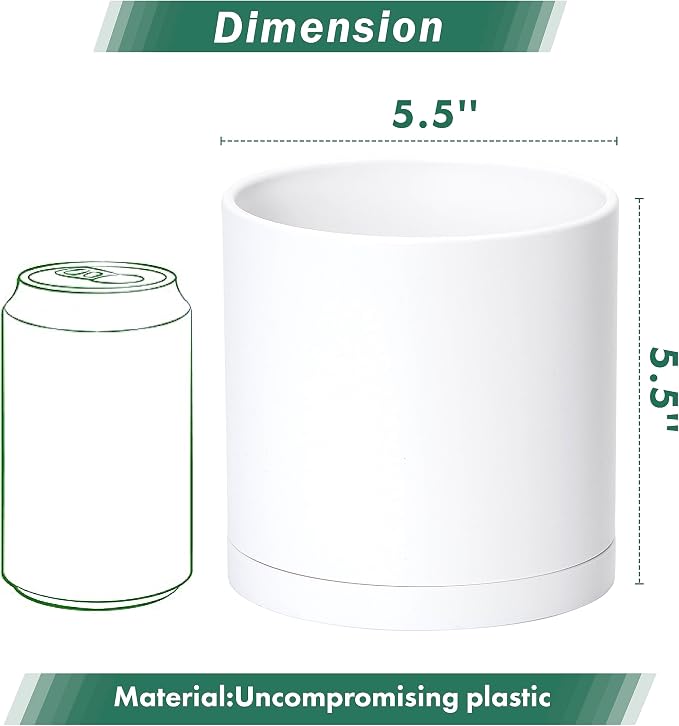D'vine Dev 2 Pack 5.5 Inch Modern Plastic Plant Pots, Small Garden Planters for Plant with Drainage Holes and Saucers, White Color, 74-Z-H-1