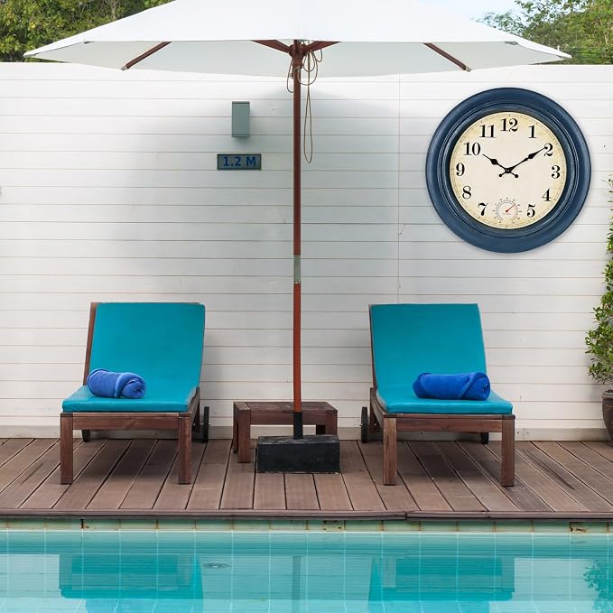 Large Outdoor Clocks Waterproof with Thermometer Combo Rustic Coastal Wall Clock Decor for Patio Pool Bathroom (18 Inch,Blue)